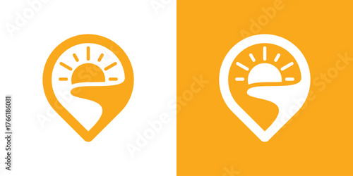 A creative logo combining a map pin with a beach and sunrise, symbolizing travel, destination, and tropical vacation.