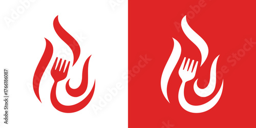 A creative logo combining a fork and flame, symbolizing food, cooking, and culinary passion.