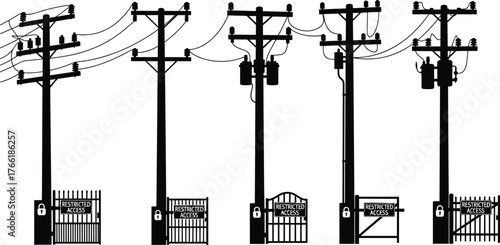 Electric utility poles with power lines and restricted access gates, electricity infrastructure safety concept, high voltage energy distribution silhouette illustration