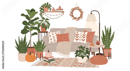Flat vector background of cozy fall home interior sofa, plants, warm lighting, and fall decorations, hygge concept, pastel color palette