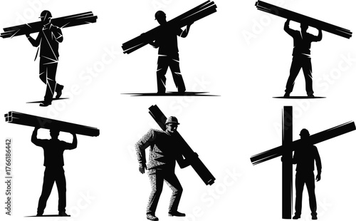 Silhouette construction workers carrying heavy metal beams, industrial labor strength concept, building site illustration showing hardworking men in action vector