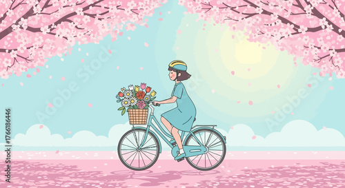 Modern flat design of girl riding bicycle with flower basket under cherry blossoms, pastel aesthetic vector illustration, sunny spring vibe