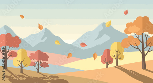 trendy flat design autumn landscape with colorful trees, mountains, and falling leaves