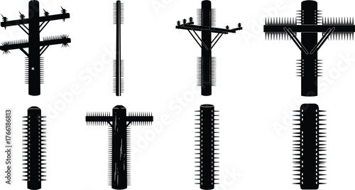 Silhouette illustration of electric power poles with bird spike protection, utility line safety system, urban infrastructure design, black isolated vector