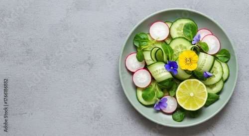 Colorful flat lay of fresh spring salad featuring crisp cucumber, sliced radish, bright lime, and delicate edible flowers resting on a subtle gray texture ,fresh ,citrus ,flower
