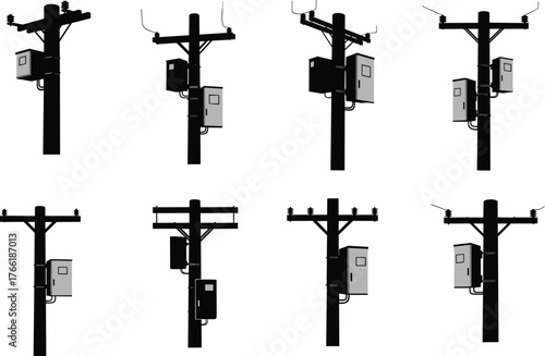 Silhouette of electrical utility poles with transformer boxes and power lines, industrial electricity infrastructure design, energy distribution illustration concept