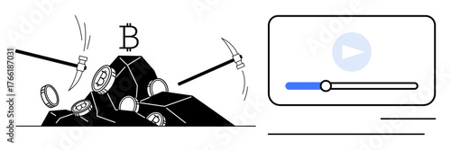 Pickaxes extracting bitcoins from rocks with Bitcoin symbol alongside a video player interface. Ideal for blockchain, mining, cryptocurrency, digital currency, video tutorials, online education