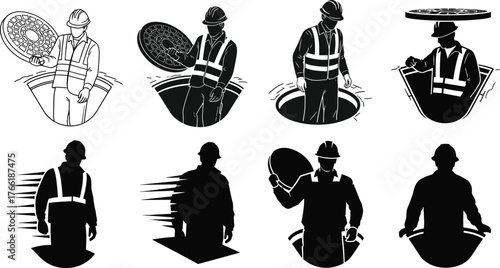 Silhouette illustration of sewer worker lifting manhole cover, municipal maintenance, construction labor, safety vest, urban infrastructure repair, industrial vector design