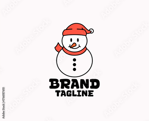 Cartoon vector illustration of a snowman wearing a red hat and scarf, smiling with a carrot nose and button details for winter branding, holiday logo design, Christmas products, or seasonal greeting