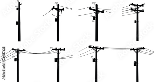 Silhouette illustration of smart utility poles with wireless signal transmitters and power lines, modern communication and energy infrastructure concept