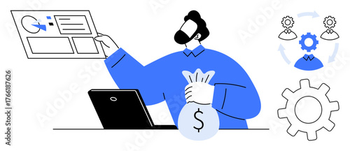 Person seated at laptop reviewing data reports, holding money bag. Gears symbolize processes and optimization. Ideal for finance, analytics, investment, strategy, workflow, operations
