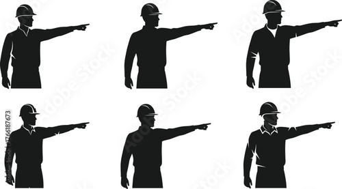 Silhouette of construction workers wearing safety helmets pointing direction, teamwork coordination, engineering supervision, industrial safety instruction, leadership guidance concept illustration