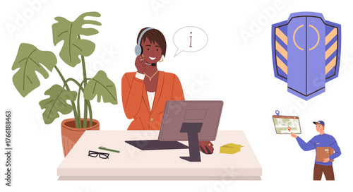 Customer service agent wearing a headset, speaking at a desk with a computer, plant, and note tools. Includes elements of security, delivery, digital communication, teamwork. Ideal for technology