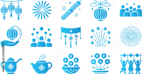 Various blue icons depicting chinese new year celebrations