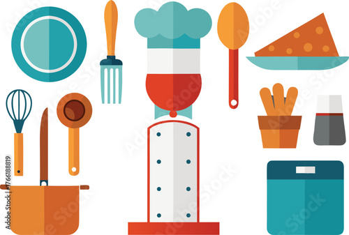 Vibrant culinary icons set featuring chef hat, kitchenware, and ingredients for a delightful cooking theme