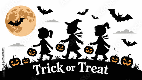 Spooky Fun Silhouette of Kids Trick-or-Treating Under a Halloween Moon with Bats, Celebrating the Halloween Spirit in a Festive, Vector-Style Design