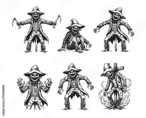 Set of spooky, menacing scarecrow characters in various poses with ragged clothes and scythes for Halloween or horror themes.
