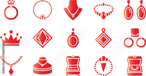 Red jewelry icons including rings necklaces and other items