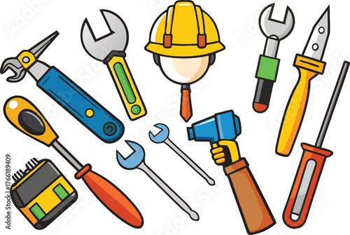 Dynamic collection of colorful hand tools and safety helmet perfect for construction, DIY, or industry projects, bringing vibrant energy to any design.