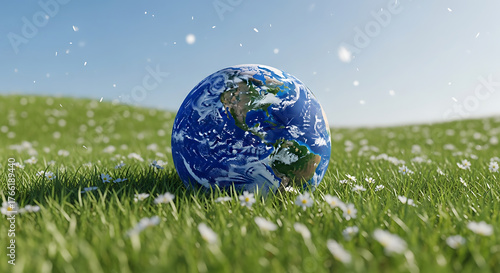 A miniature planet earth rests in a field of green grass dotted with tiny white flowers under a bright blue sky