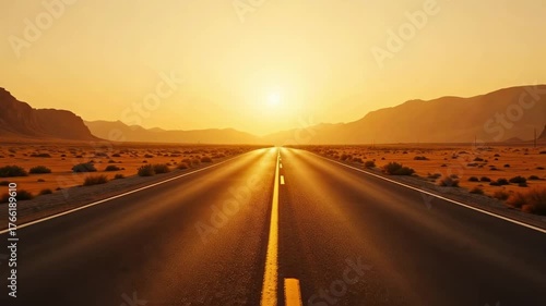 A golden highway stretching toward the horizon in a desert landscape at sunset, promising adventure and open-road freedom, perfect for travel and journey videos