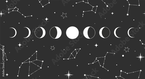 Celestial night sky filled with constellations and moon phases symbolizing astronomical cycles and cosmic beauty