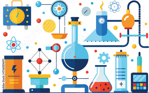 Vibrant science laboratory equipment and atomic models showcase innovation and discovery in a dynamic colorful illustration