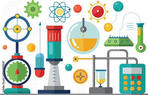 Vibrant science laboratory equipment and abstract atom symbolizing innovation and discovery for educational and research projects
