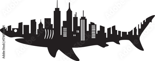 Aggressive Shark with City Skyline Silhouette Vector Icon