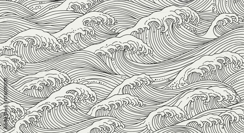 Dynamic Seascape Black and White Illustration of Overlapping Ocean Waves