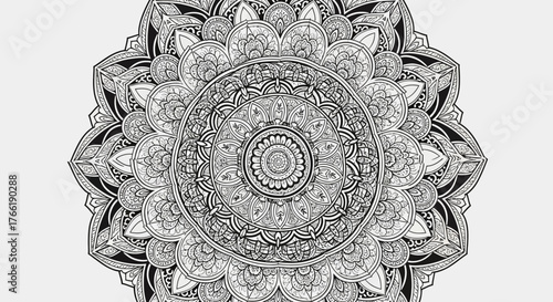 Intricate Black and White Mandala Design with Detailed Patterns and Geometric Symmetry