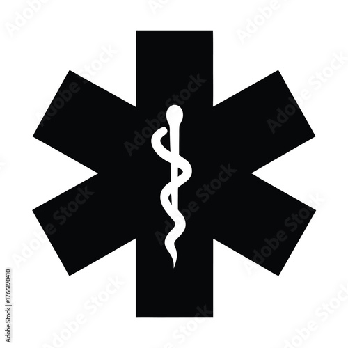 Black star of life medical symbol with a white caduceus staff in the center