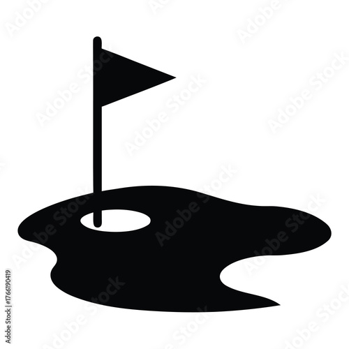 Simple black silhouette of a golf hole with a flag on a white background