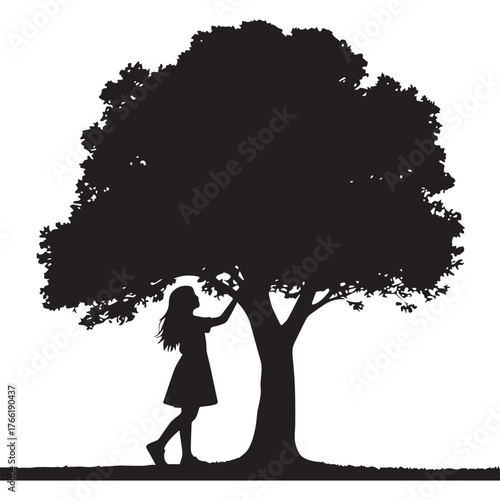  A silhouette of a girl and tree with silhouette on white background.