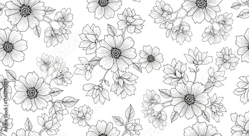 Elegant Black and White Floral Pattern for Decorative Design and Backgrounds, Seamless Repeats
