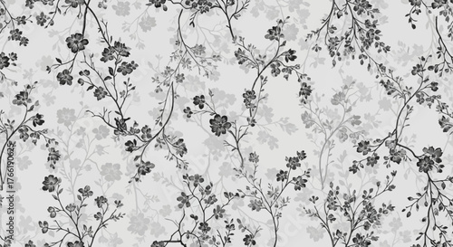 Elegant monochrome seamless pattern with delicate floral branches and blossoms, perfect for sophisticated textile designs, wallpaper, or digital backgrounds