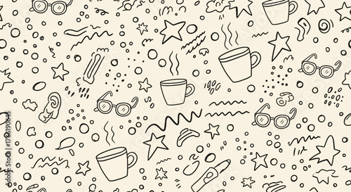 Hand-drawn doodles of coffee cups, stars, and eyeglasses scattered across a textured background, evoking a sense of cozy creativity and casual study