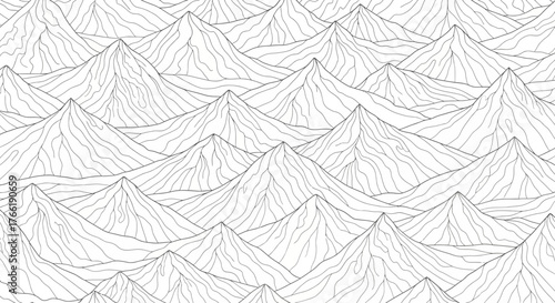 A seamless pattern of stylized mountain peaks in a minimalist black and white line art style, creating an abstract nature landscape