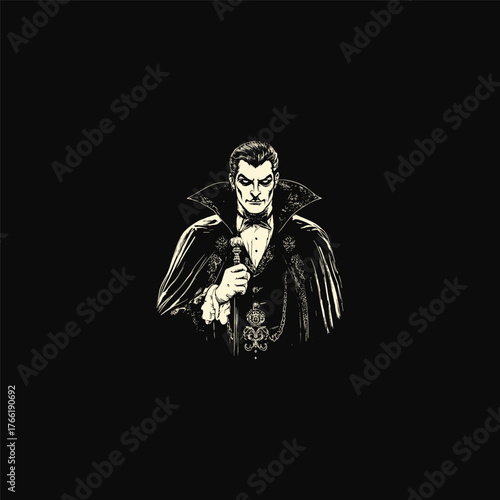 illustration of a sophisticated male vampire figure, resembling Count Dracula, wearing a high-collared cape, tuxedo, and holding a cane