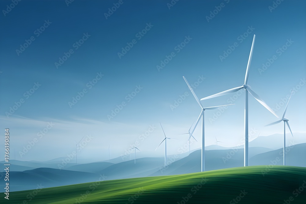 Fototapeta premium Wind Turbines Rotating On Rolling Green Hills Under Blue Sky Renewable Energy Landscape Photography