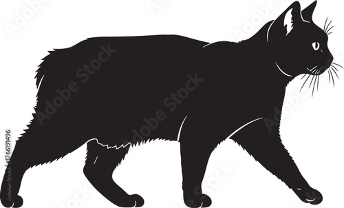 Elegant black cat silhouette side profile captures graceful stride and alert pose for versatile design applications