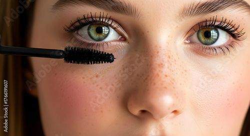 Closeup of a young woman with green eyes applying mascara, showing her freckles and rosy cheeks