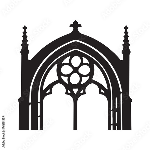 Majestic Gothic Archway with Quatrefoil Tracery and Pinnacles in Bold Black Silhouette. 