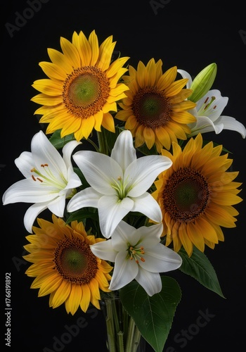 Wallpaper Mural Vibrant floral arrangement of cheerful sunflowers and classic white lilies, creating a contrast of textures and bright summer colors ,petals ,sunflowers ,garden Torontodigital.ca