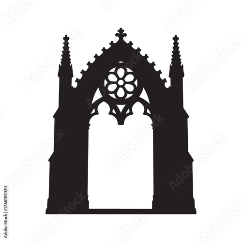 Majestic Gothic Archway with Quatrefoil Tracery and Pinnacles in Bold Black Silhouette. 