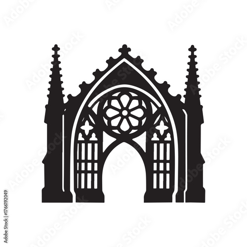 Majestic Gothic Archway with Quatrefoil Tracery and Pinnacles in Bold Black Silhouette. 