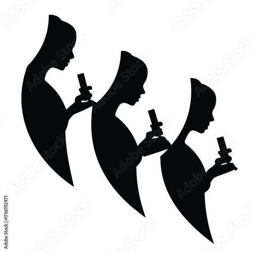 Three silhouetted figures examining specimens under microscopes in a scientific setting