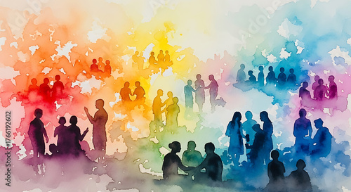 Abstract watercolor painting of diverse people gathered in a vibrant spectrum of colors, symbolizing community and connection