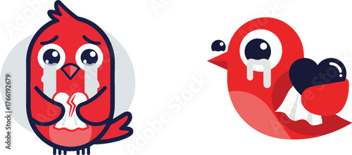 Cute Red Bird Crying Cartoon with Broken Heart Mascot SetCute Red Bird Crying Cartoon with Broken Heart Mascot Set