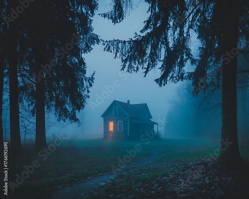 Mysterious old cabin in a foggy forest at twilight